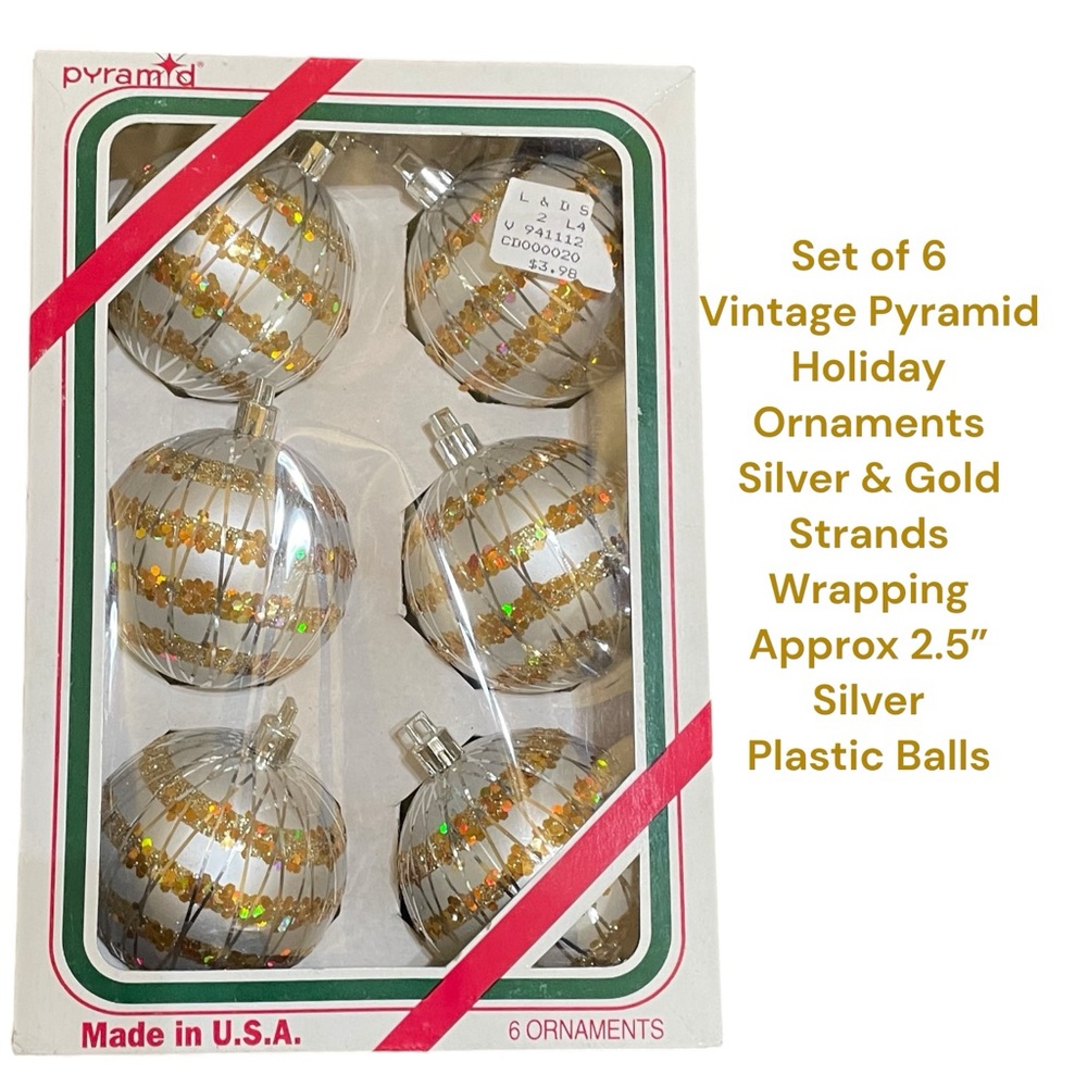 Vintage Set of 6 Pyramid Ornaments Silver & Silver & Gold Tinsel Strands Plastic